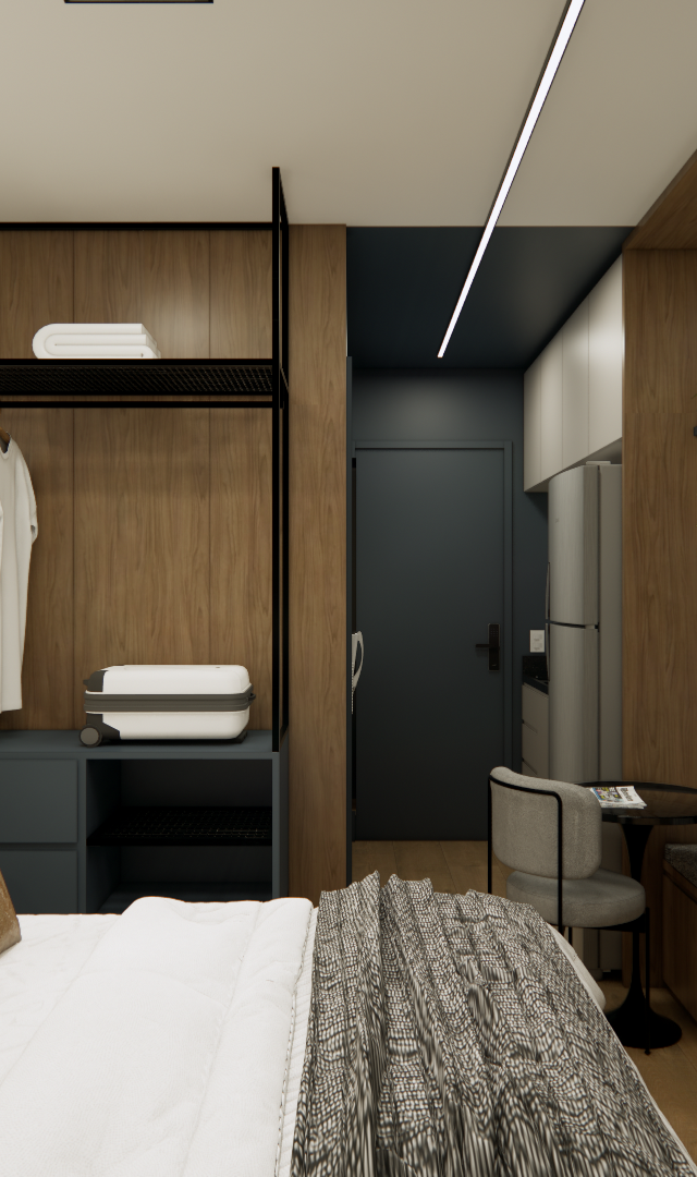 Render 3D de estúdio compacto com marcenaria em madeira e cinza, cama, mesa de trabalho, iluminação em LED e tons neutros