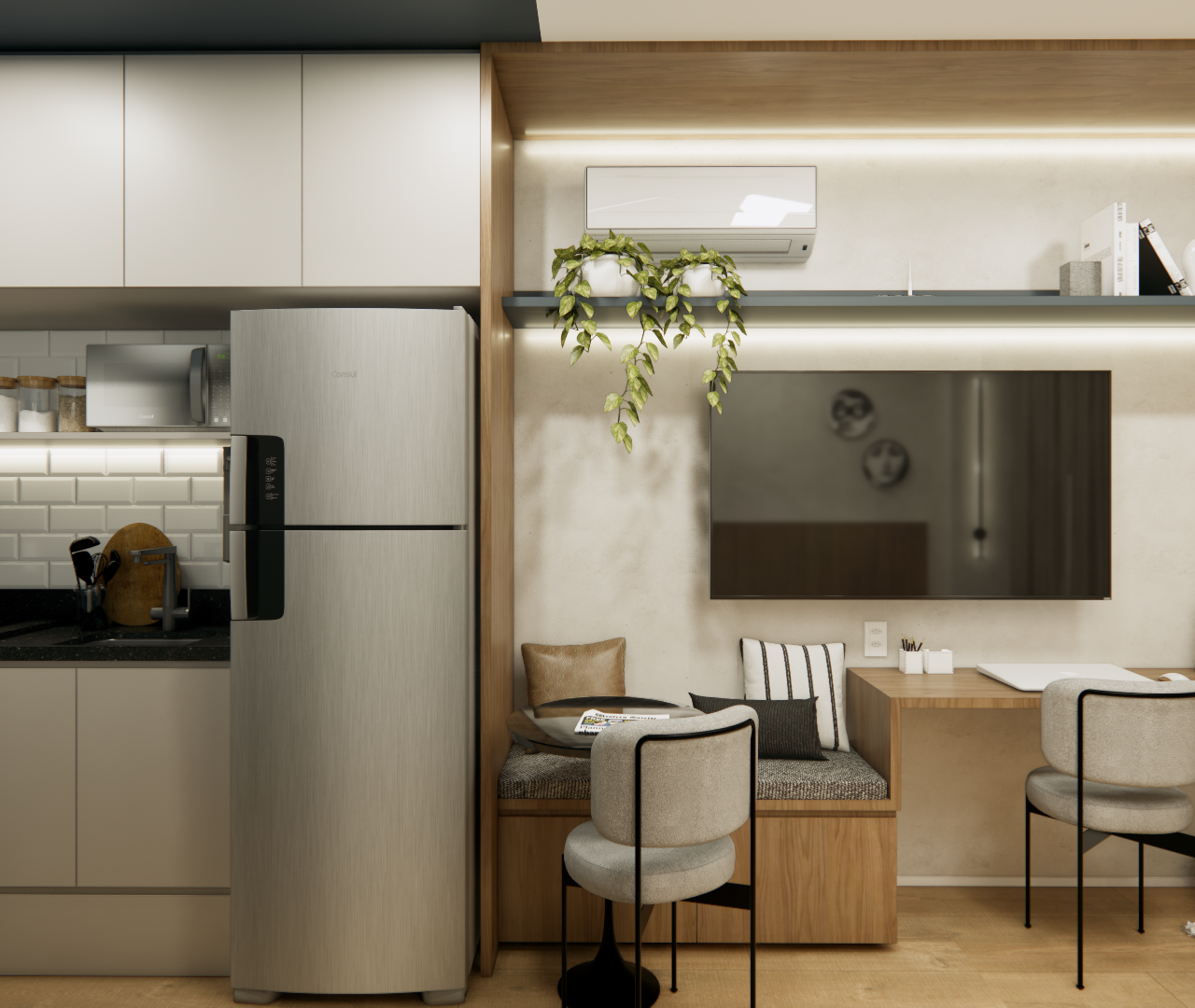 Render 3D de cozinha e sala integradas, armários claros, marcenaria em madeira, iluminação indireta e tons neutros