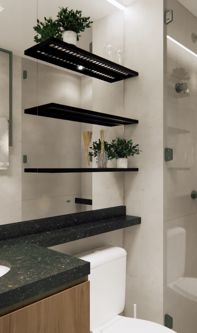 Render 3D de banheiro moderno com bancada em pedra escura, marcenaria amadeirada, prateleiras pretas e box de vidro