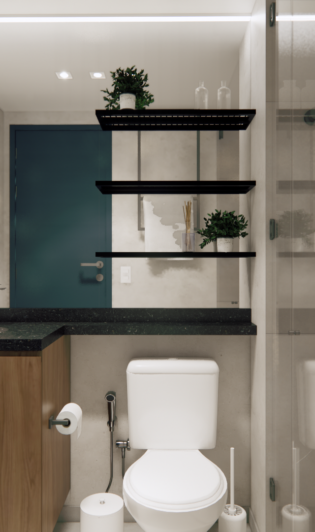 Render 3D de banheiro moderno com revestimento cinza, bancada em granito preto, gabinete em madeira e porta azul-petróleo