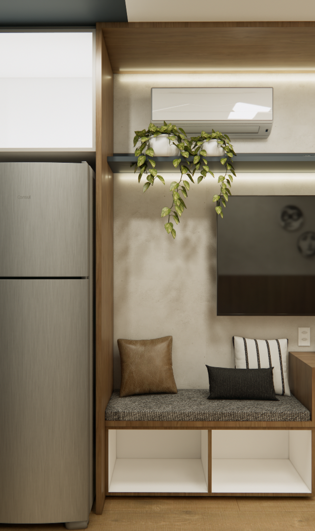 Render 3D: cozinha e home office integrados, marcenaria em madeira e branco, eletrodomésticos em inox e iluminação em led