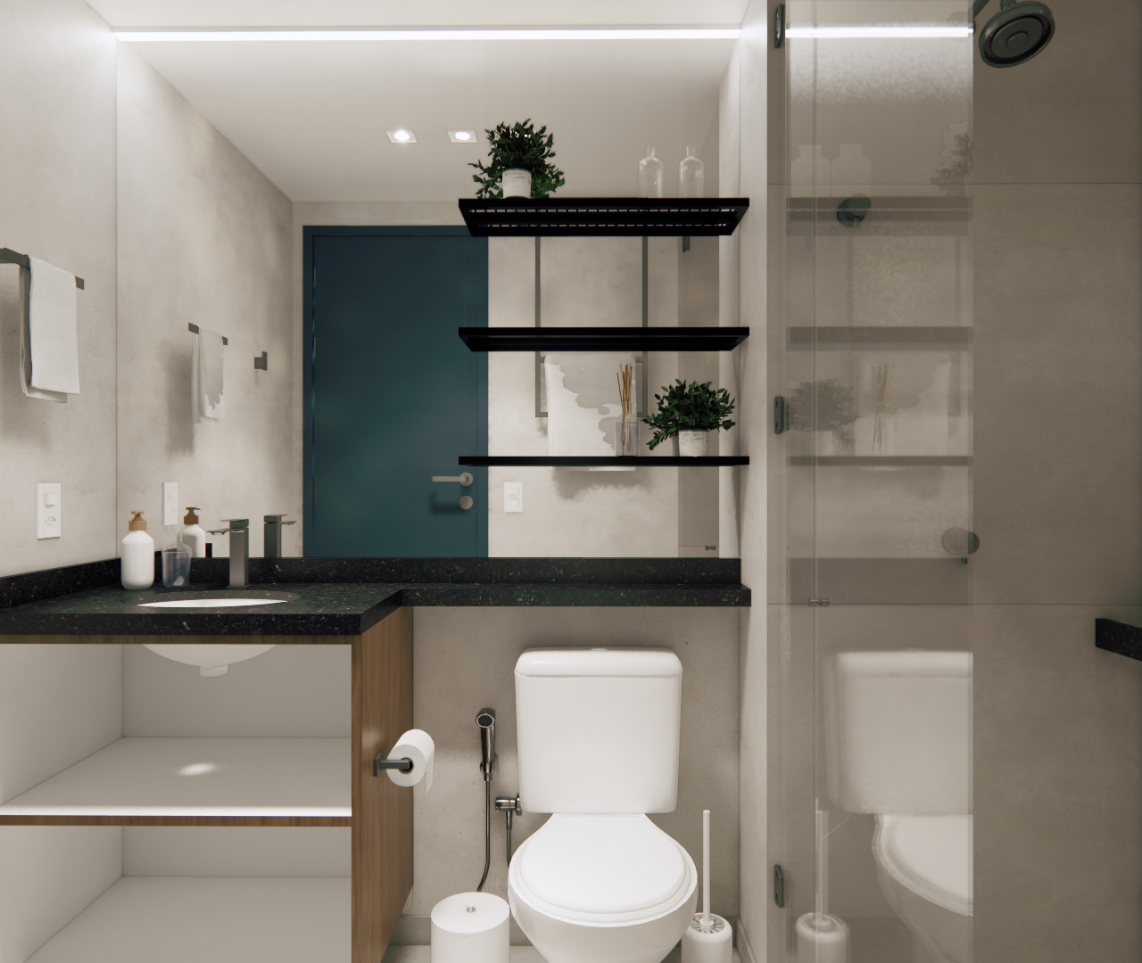 Render 3D de banheiro PI - LM URBANFLEX com porcelanato cinza, bancada em granito preto, marcenaria amadeirada e box vidro