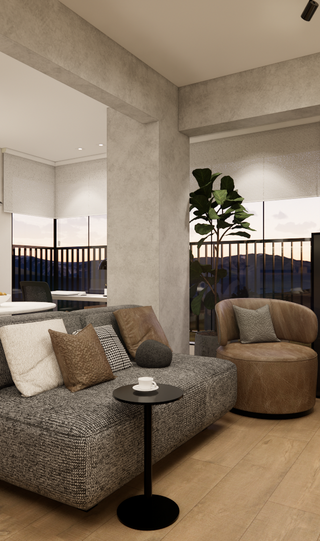 Render 3D de sala e jantar integrados com sofás cinzas, poltrona de couro, marcenaria em madeira e piso amadeirado clara