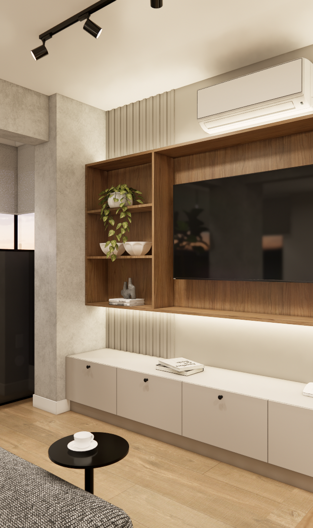Render 3D de sala de estar com marcenaria em madeira e laca off-white, sofá cinza, poltrona, iluminação indireta e quente