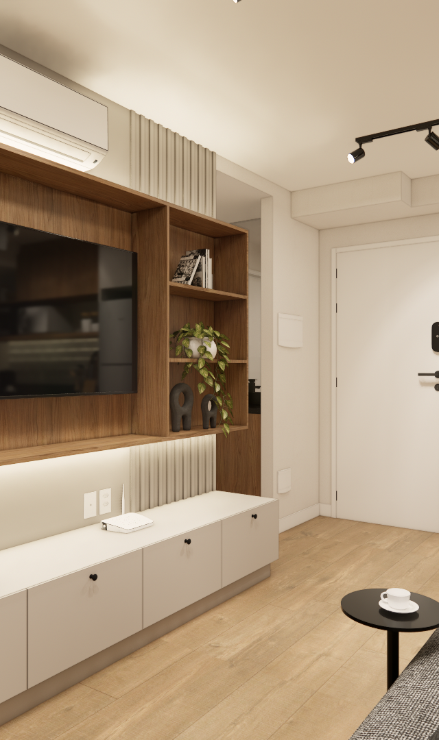 Render 3D de sala e cozinha integradas, marcenaria em tons de madeira e off-white, iluminação em trilho e fitas de LED
