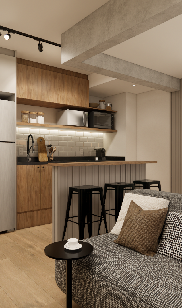 Render 3D de sala e cozinha integradas, com marcenaria em madeira, sofá cinza, iluminação em trilhos e tons neutros