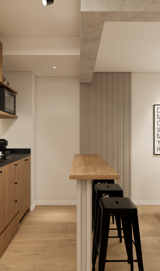 Render 3D de cozinha americana com marcenaria em tom madeira, bancada, mesa redonda e sofá cinza em ambiente integrado