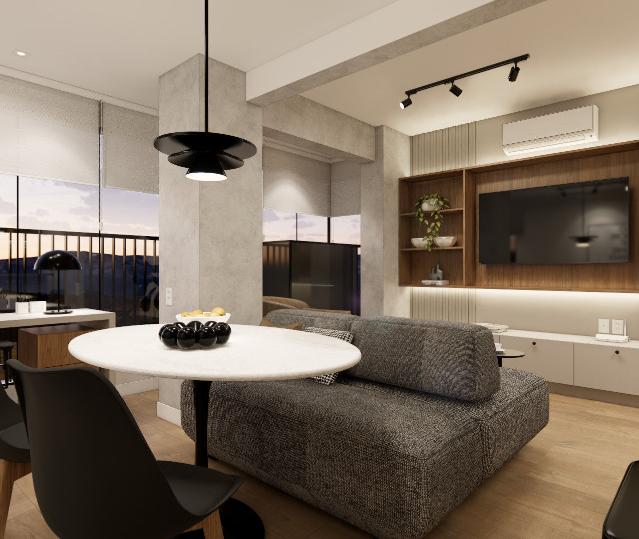 Render 3D da sala do JN Pinheiros com sofá cinza, mesa redonda de mármore, estante de madeira, iluminação e tons neutros
