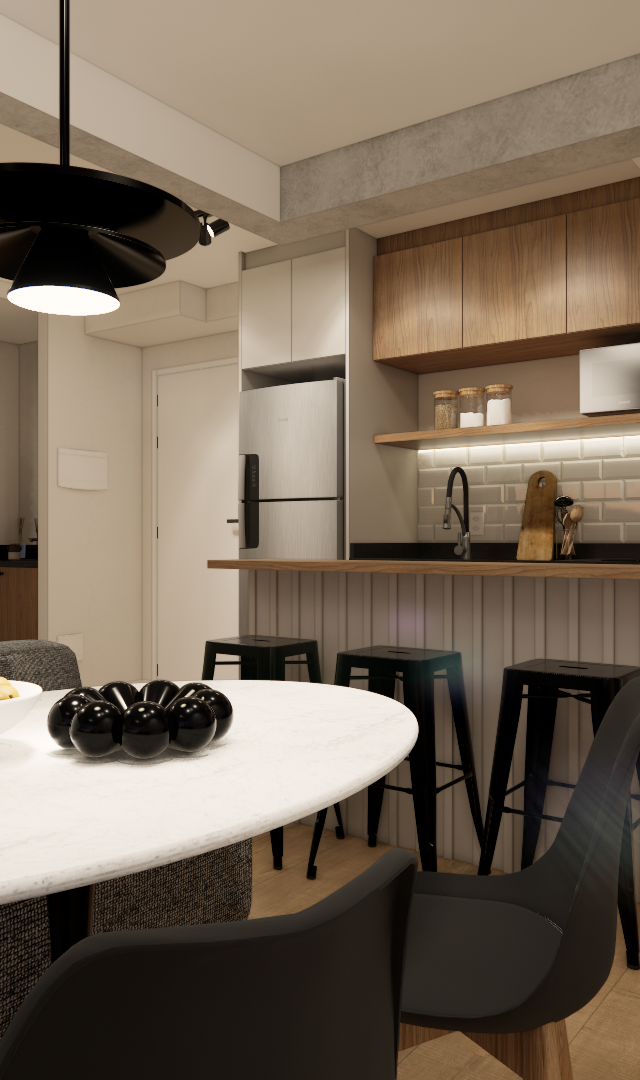 Render 3D de sala e cozinha integradas, marcenaria em tons amadeirados, mesa oval branca, banquetas e luz quente indireta