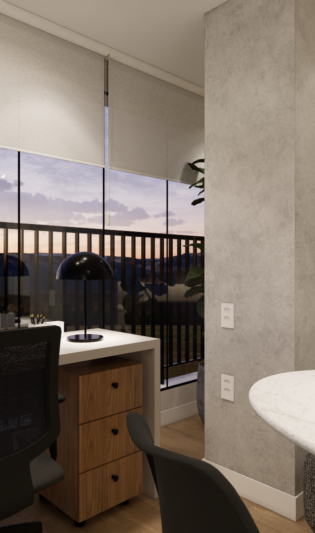 Render 3D de sala e home office no JN Pinheiros com mesa branca, coluna de cimento queimado, marcenaria e luz de fim de dia