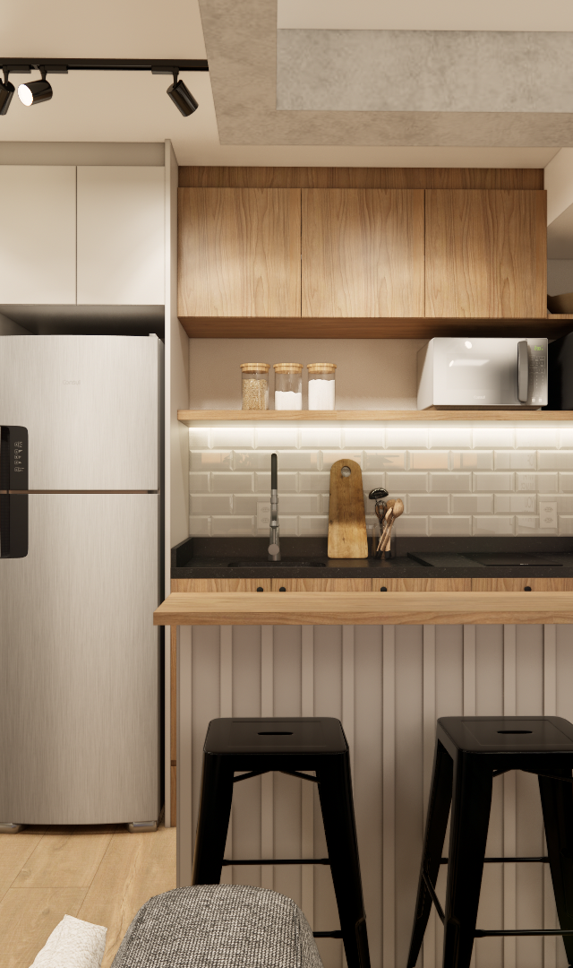 Render 3D de cozinha compacta em Pinheiros com bancada, banquetas pretas, marcenaria em madeira e iluminação em trilho