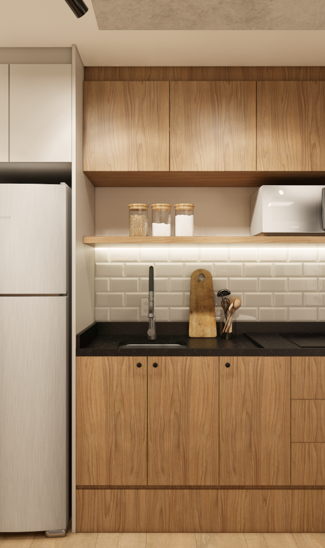 Render 3D de cozinha com marcenaria em madeira, bancada preta, revestimento tipo metrô e iluminação indireta quente
