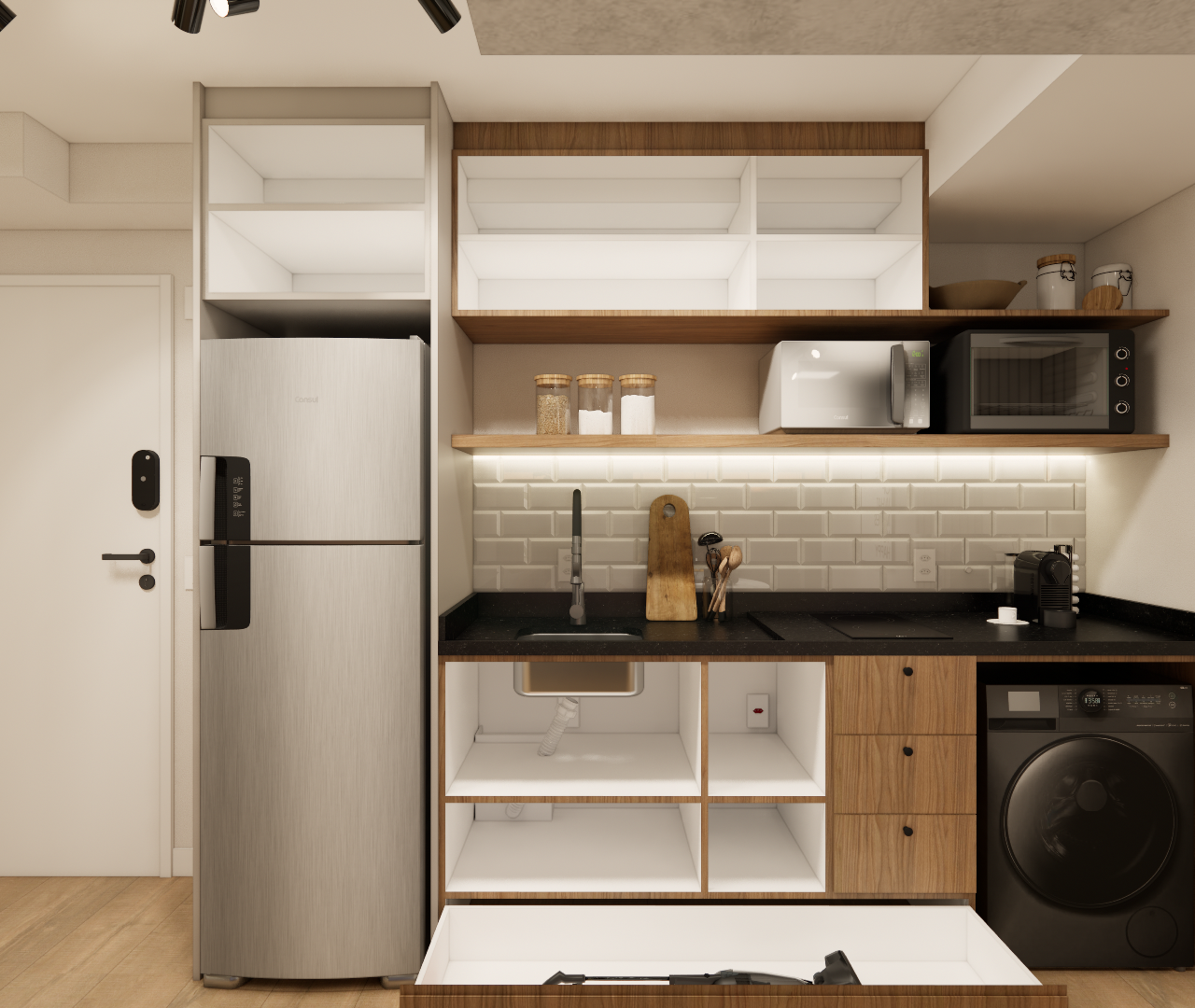 Render 3D de cozinha compacta com marcenaria em madeira e branco, bancada preta, revestimento tipo tijolinho e iluminação