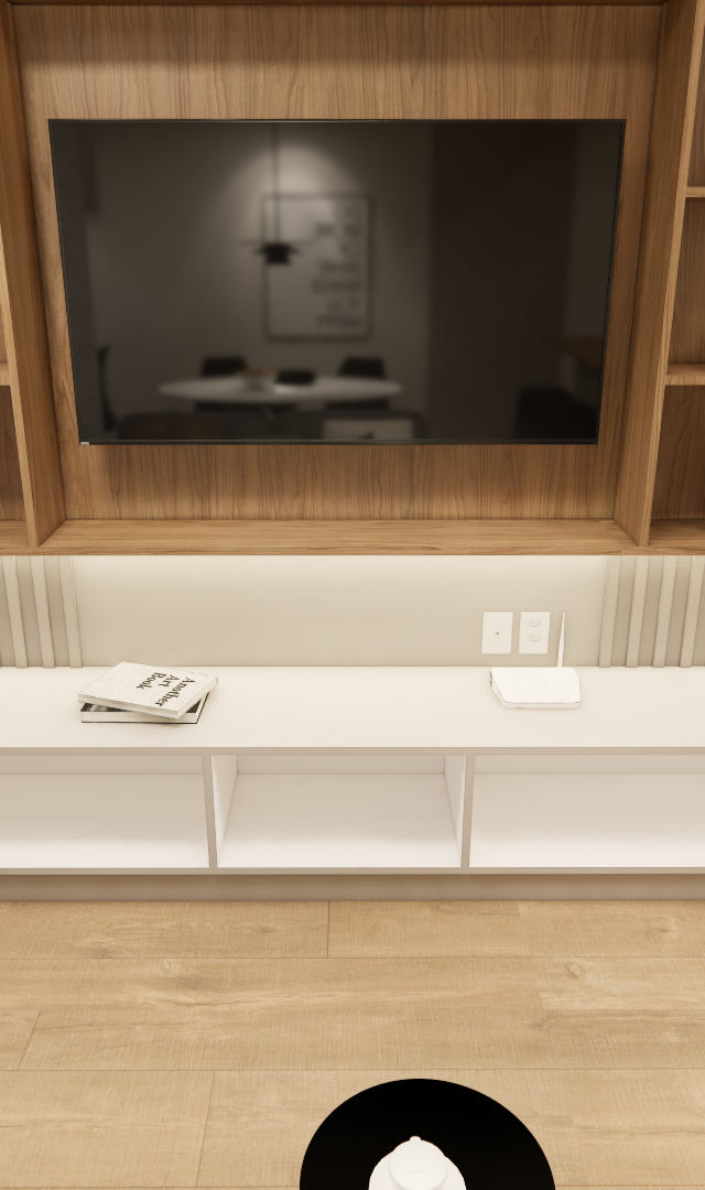 Render 3D de estante de marcenaria amadeirada com nichos, TV, painel ripado iluminado e bancada branca em sala de estar