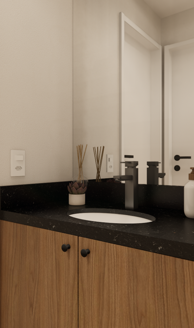 Render 3D de lavabo com bancada preta, gabinete em madeira, espelho, metais pretos e paredes em tons neutros claras