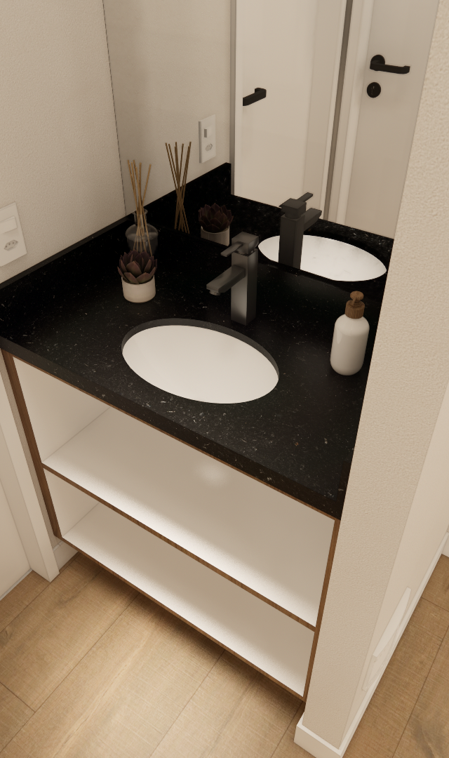Render 3D de lavabo com bancada preta, cuba branca, marcenaria aberta em tons claros, metais escuros e piso amadeirado