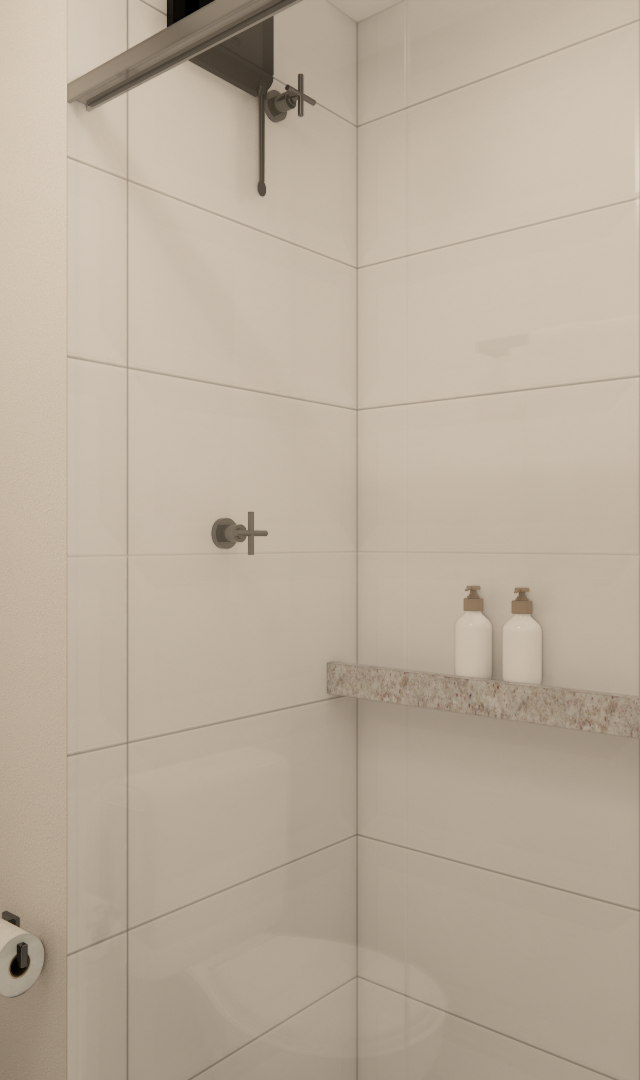 Render 3D de banheiro no JN Pinheiros, com azulejos claros, nicho em pedra natural e metais pretos minimalistas