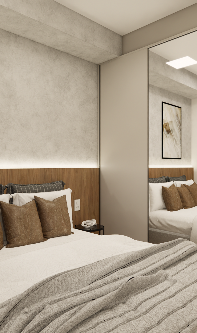 Render 3D de quarto JN Pinheiros com marcenaria em madeira, parede em cimento queimado, espelho e iluminação indireta