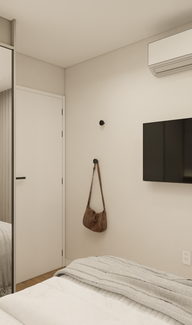 Render 3D de quarto JN Pinheiros com tons neutros, cama, espelho, TV na parede, ar-condicionado e painel ripado bege