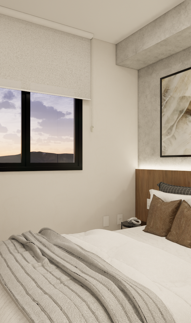 Render 3D de dormitório com cabeceira em madeira, parede em cimento queimado, cama com enxoval neutro e iluminação indireta