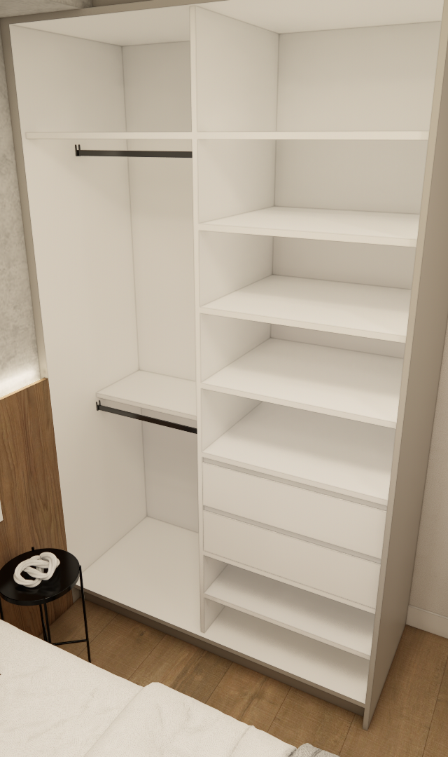 Render 3D de dormitório no projeto JN Pinheiros com guarda-roupa branco, painel amadeirado, parede cinza e iluminação led