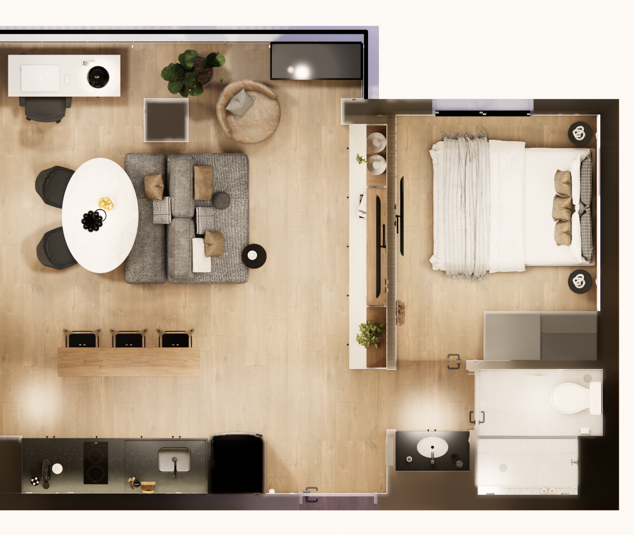 Planta baixa 3D de apartamento com sala, cozinha e suíte, tons neutros, madeira clara, mobiliário moderno e iluminação zenital