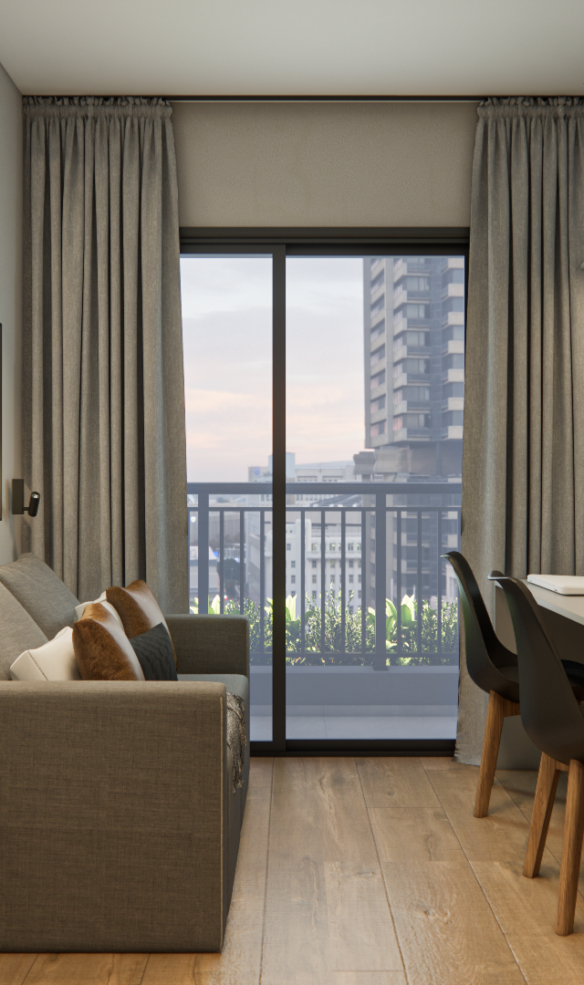 Render 3D de sala e cozinha integrada, tons neutros, sofá cinza, mesa com cadeiras pretas e vista urbana em São Paulo