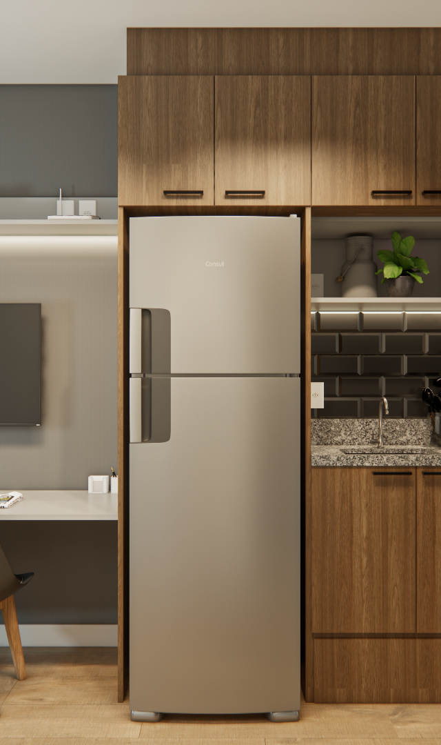 Render 3D de estúdio compacto no NEX ONE PEREIRA com marcenaria amadeirada, cozinha integrada, bancada e iluminação em LED