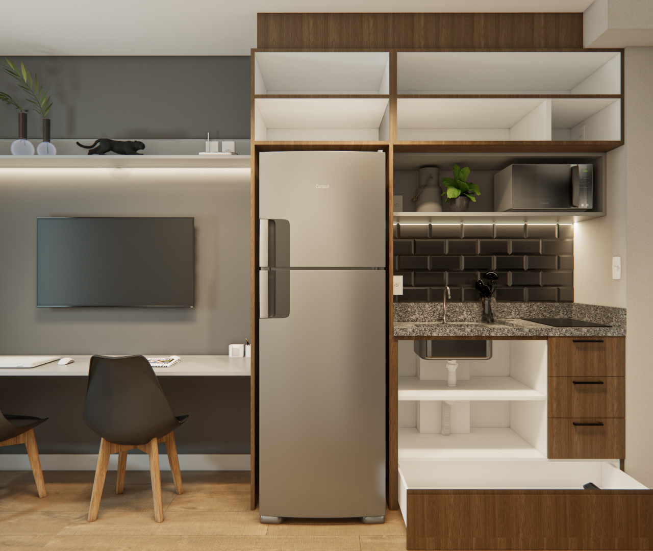 Render 3D de estúdio compacto com marcenaria em madeira e cinza, bancada de trabalho, cozinha com azulejos pretos e geladeira