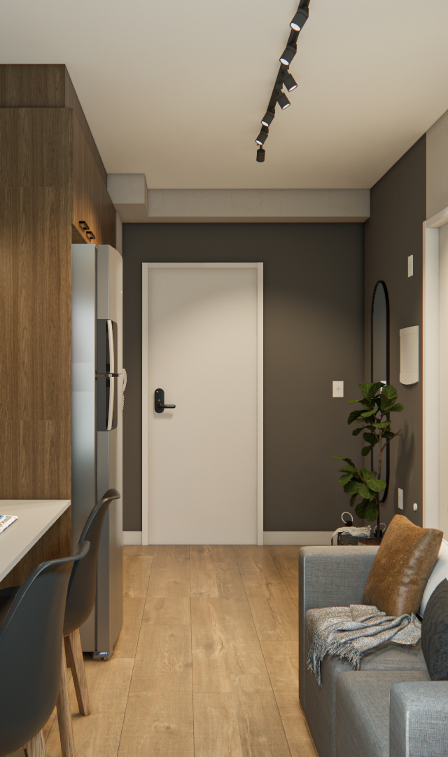 Render 3D de sala e escritório integrados com marcenaria em madeira e cinza, piso amadeirado, sofá cinza e iluminação em trilho