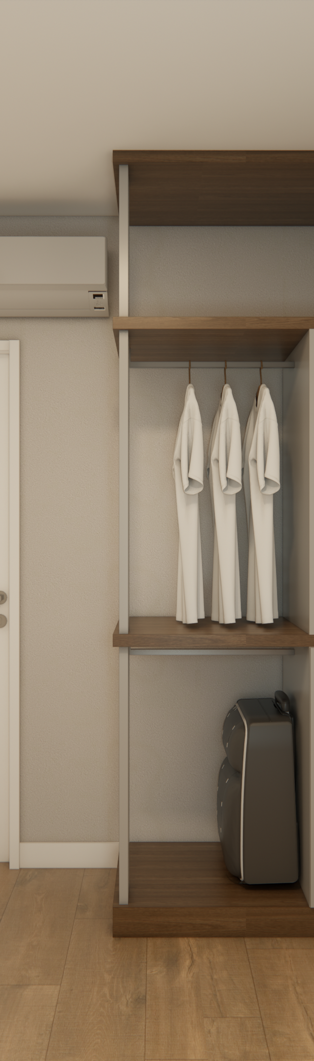 Render 3D de quarto com guarda-roupa em madeira e cinza, parede bicolor, piso amadeirado e TV fixada no NEX ONE Pereira