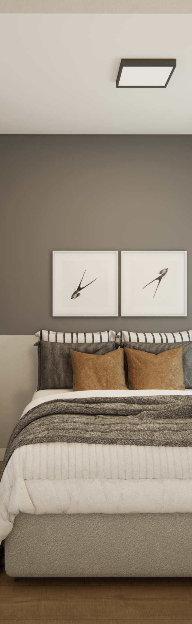 Render 3D de quarto moderno com cama, guarda-roupa aberto em madeira e tons de cinza, iluminação quente e cortinas longas