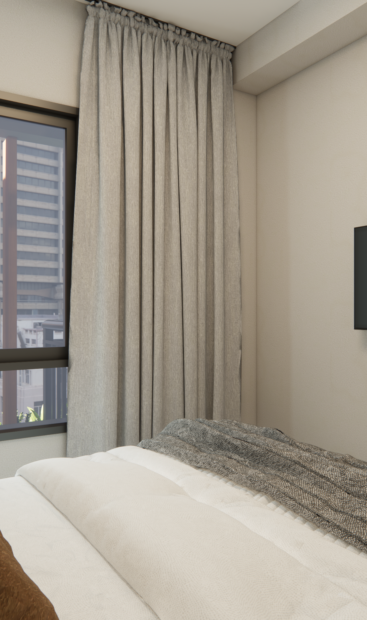 Render 3D de quarto no NEX ONE PEREIRA com cama, TV na parede, cortinas cinzas e vista urbana em Vila Nova Conceição