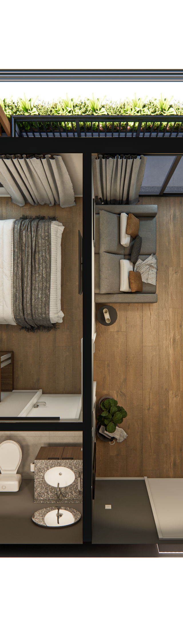 Planta baixa 3D de apartamento: dormitório, sala e cozinha integrada, piso amadeirado, tons neutros e varanda com plantas