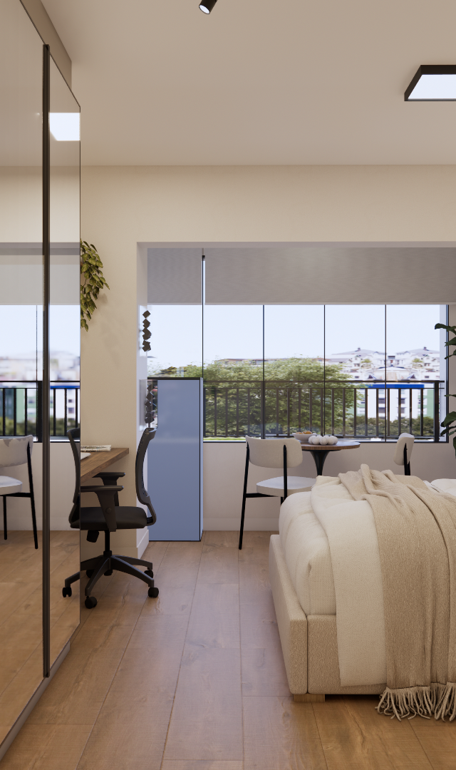 Render 3D de estúdio de 23 m² com cozinha linear, armários amadeirados, espelho, mesa de trabalho e cama em tons neutros
