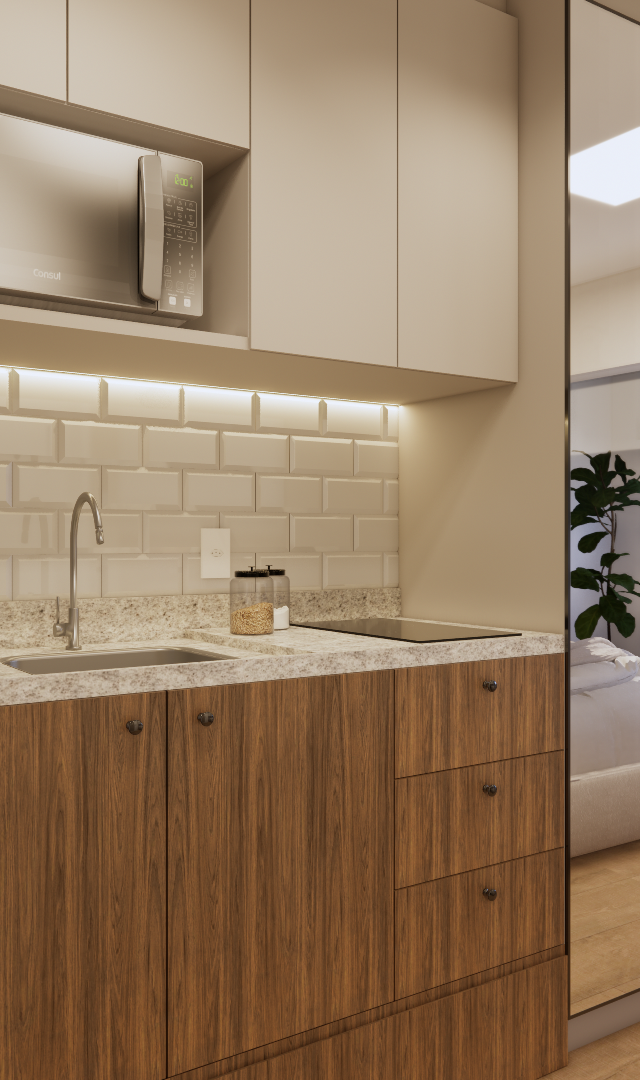 Render 3D de cozinha compacta e escritório com marcenaria amadeirada, bancada em granito, azulejos metrô e espelho grande