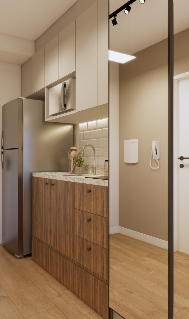 Render 3D de cozinha linear compacta em tons neutros, marcenaria em madeira e bege, espelho e iluminação pontual quente