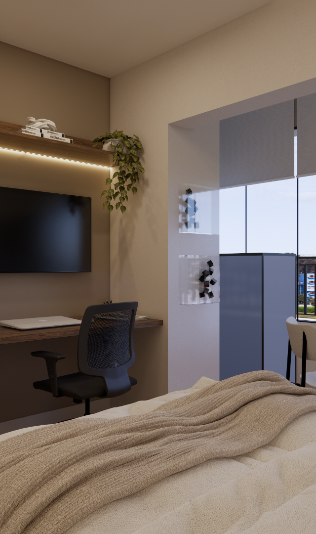 Render 3D de estúdio de 23m² com tons neutros, cama, mesa de trabalho com TV, espelho e varanda com mesa e duas cadeiras