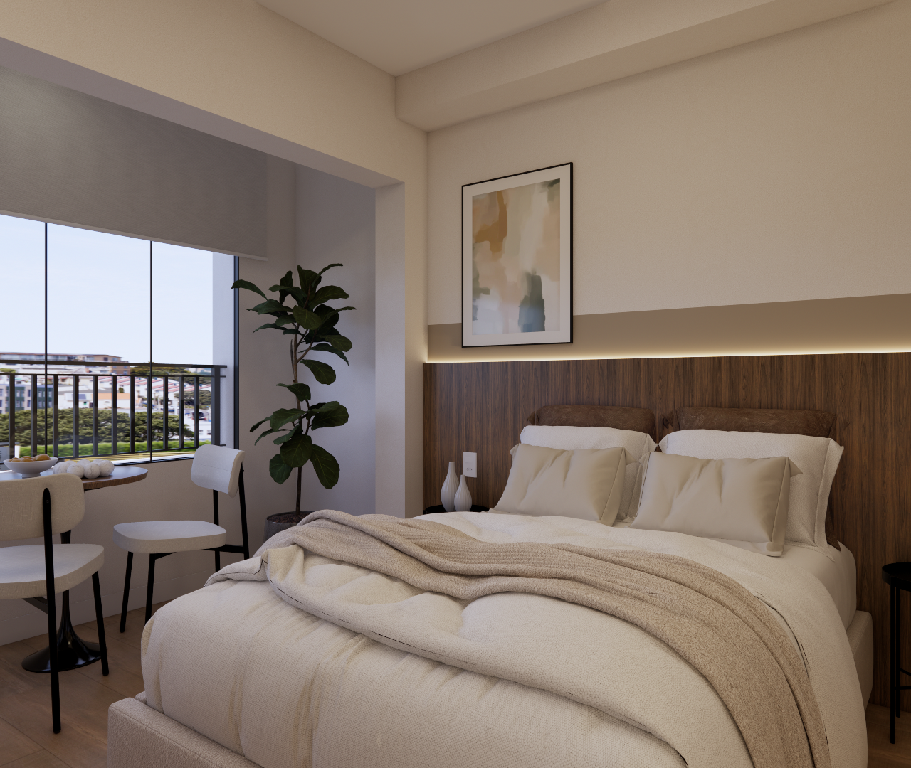 Render 3D de quarto compacto com cama, painel amadeirado, iluminação indireta, mesa com cadeiras e janela com vista externa