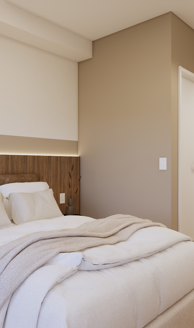 Render 3D de quarto pequeno em tons neutros com cabeceira amadeirada, cama de casal, piso de madeira e iluminação em fita