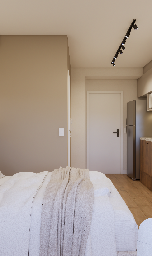 Render 3D de estúdio de 23m² com tons neutros, cama, marcenaria em madeira, espelho, mesa de trabalho e iluminação em trilho
