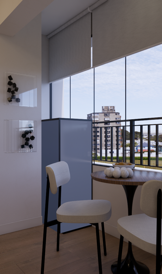 Render 3D de estúdio compacto no Butantã com mesa de jantar, home office, marcenaria em madeira e luz natural intensa
