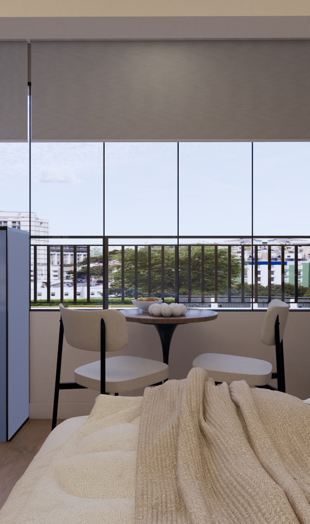 Render 3D de quarto pequeno com cama, mesa de trabalho e varanda integrada, tons neutros, madeira e iluminação natural