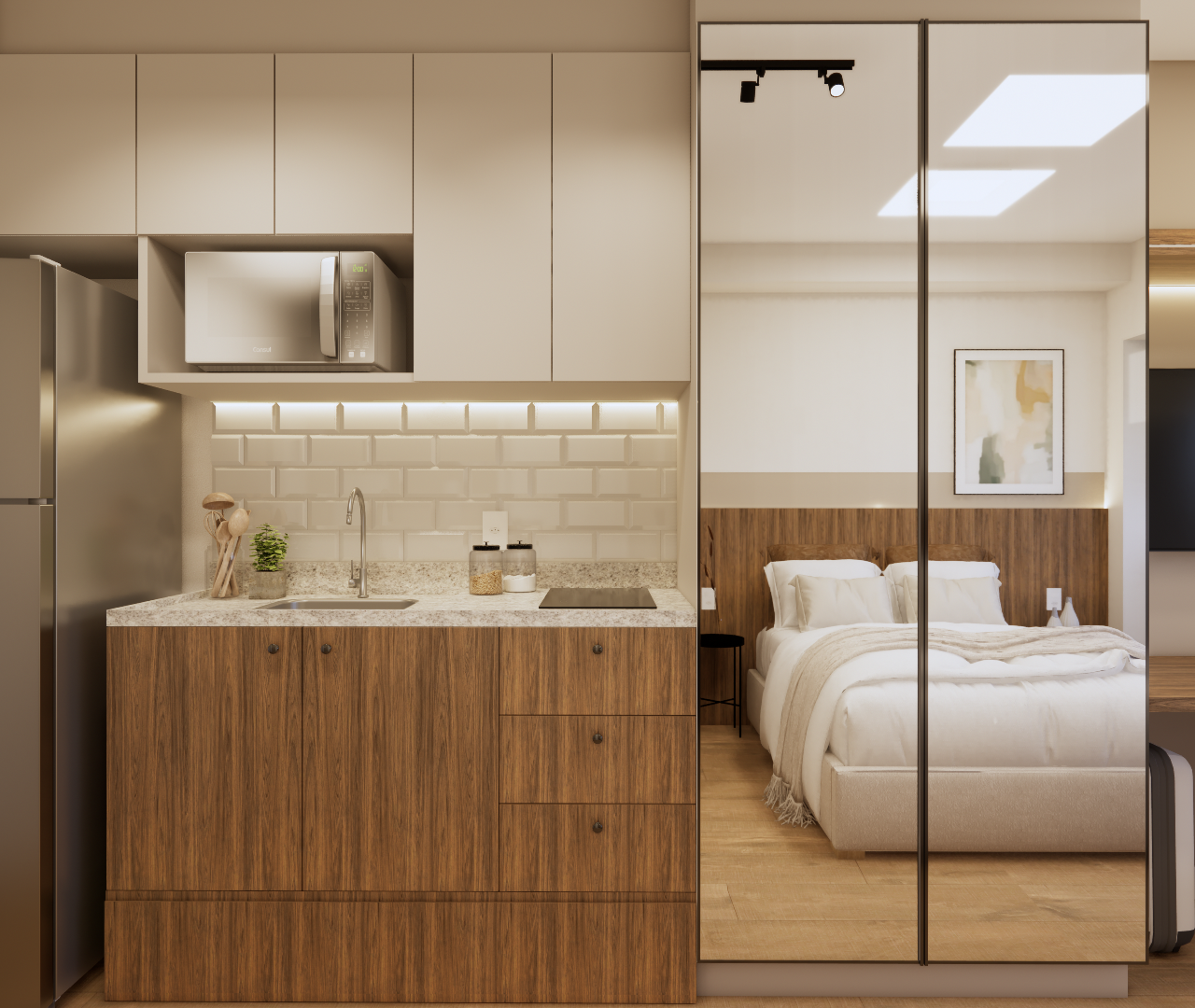 Render 3D de cozinha compacta com marcenaria amadeirada, bancada em granito, azulejos tipo metrô e armários claros acima