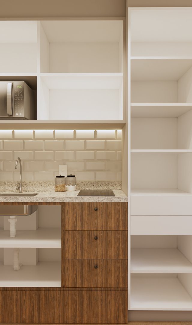 Render 3D de estúdio com marcenaria branca e amadeirada, cozinha compacta com revestimento tipo metrô e iluminação indireta