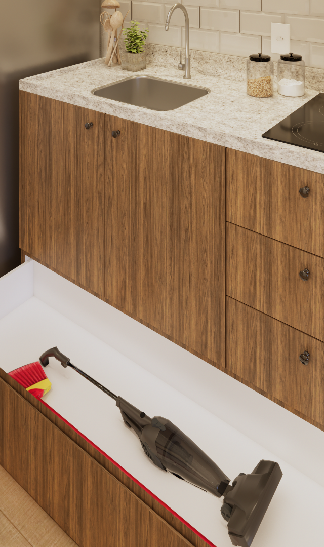 Render 3D de cozinha compacta com marcenaria amadeirada, bancada em granito, cooktop e gavetão para utensílios de limpeza