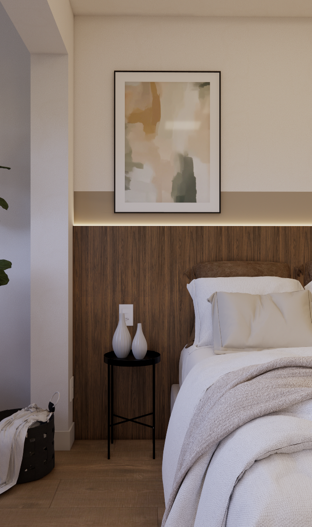 Render 3D de quarto pequeno com cama de casal, cabeceira de madeira, iluminação indireta, mesa redonda e plantas em tons bege