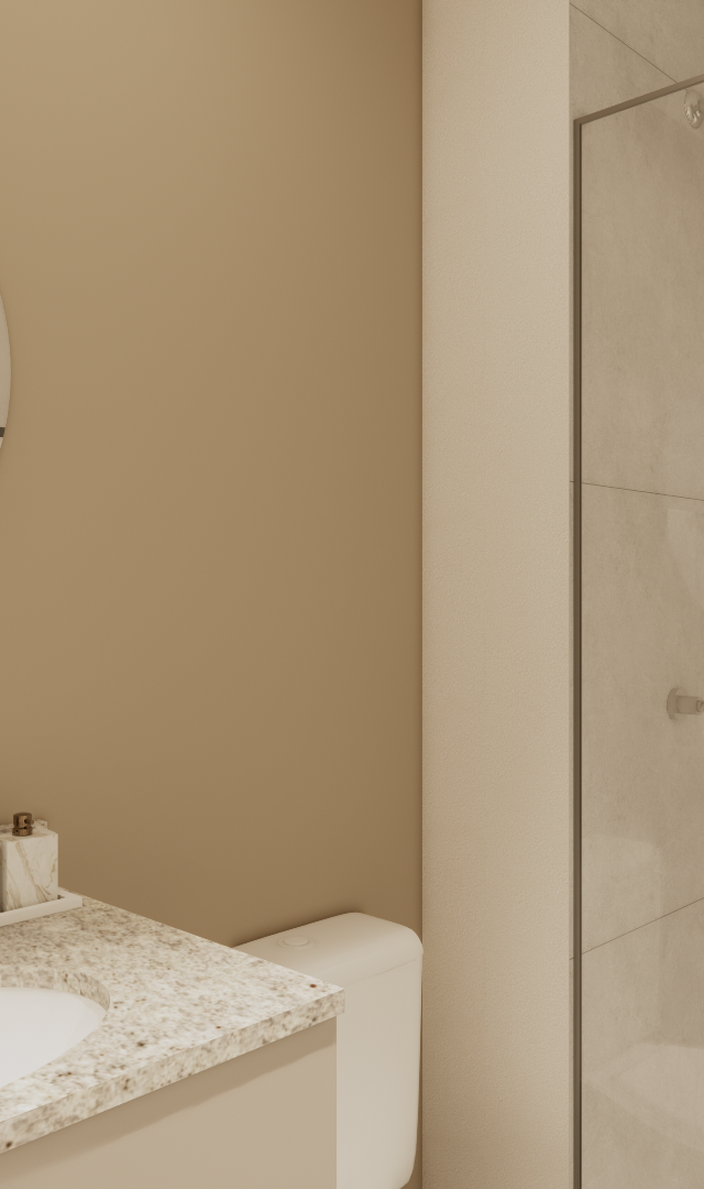 Render 3D de banheiro compacto com paredes bege, espelho redondo, bancada em granito e box de vidro com iluminação suave