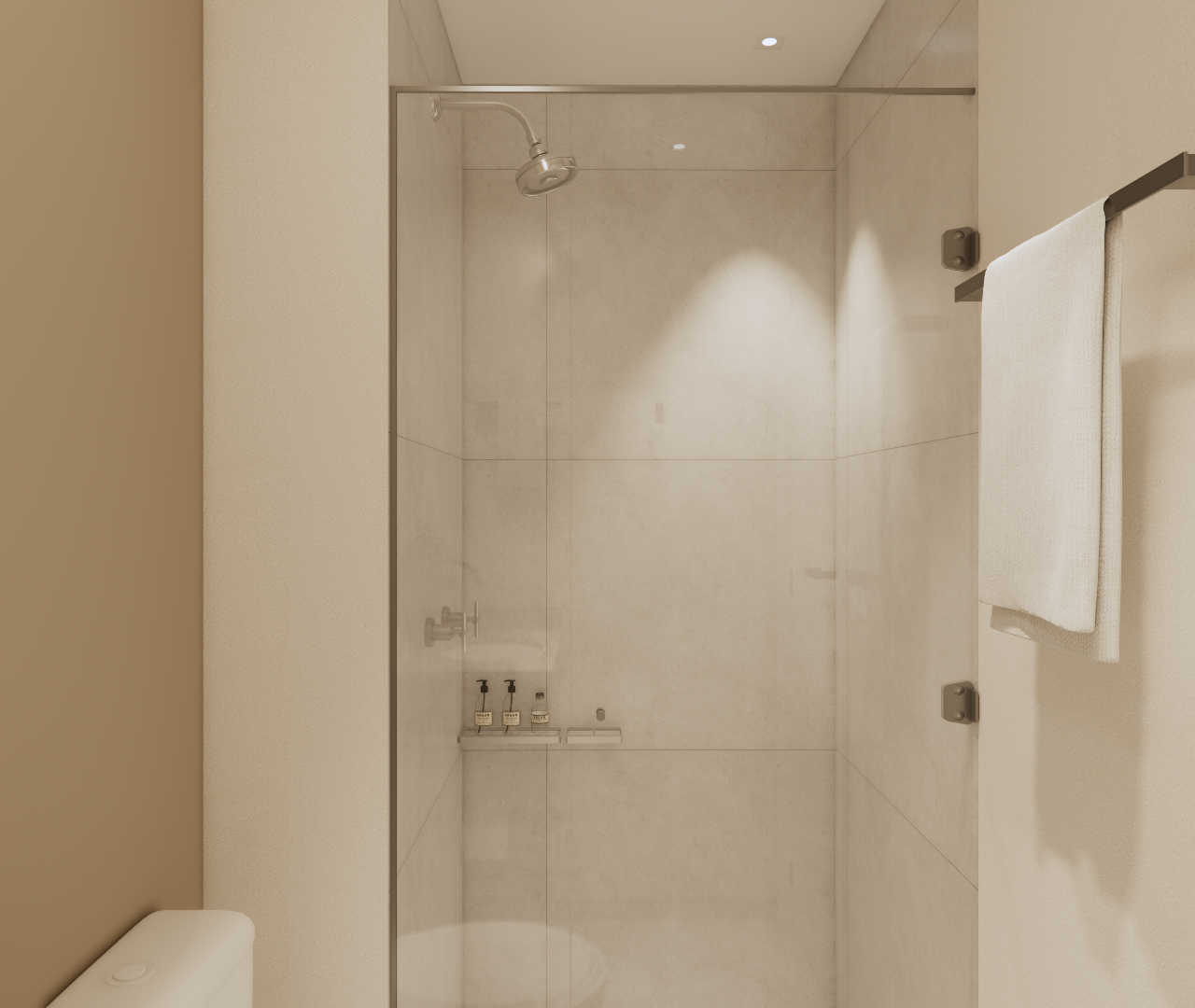 Render 3D de banheiro compacto bege com box de vidro, metais escuros, iluminação pontual e toalha branca pendurada