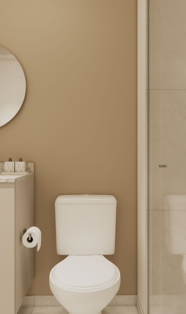 Render 3D de banheiro compacto bege com gabinete, espelho circular, vaso sanitário e box de vidro com porcelanato cinza